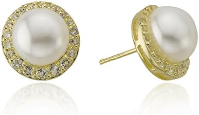 18K Yellow Gold over Sterling Silver 9-10mm Freshwater Cultured Pearl and White Topaz Stud Earring