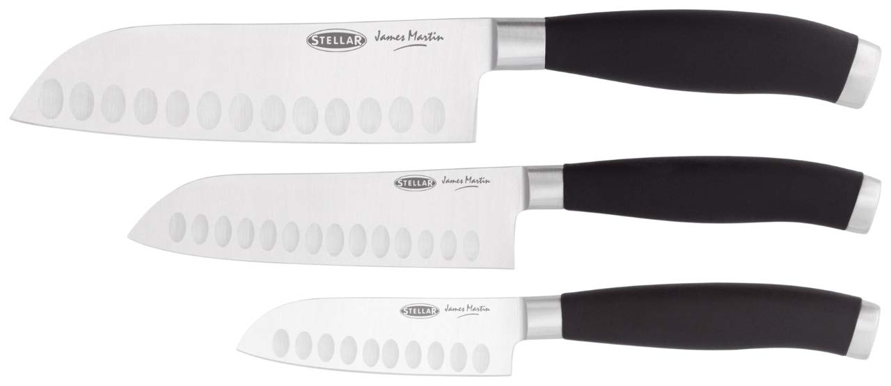 Stellar James Martin Kitchen Knife Set, 3 Piece Set Santoku Kife Gift Box Set, Carbon Stainless Steel, Razor Sharp Blades, Anti-Slip Handles