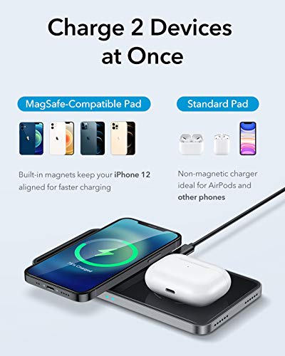 ESR HaloLock 2-in-1 Magnetic Wireless Charging Station [Automatic Magnetic Alignment] [Includes Fast Charging Adapter] for iPhone 12/12 Pro/12 Mini/12 Pro Max, AirPods, Black