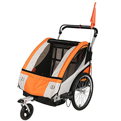 Clevr Elite 3-in-1 Double 2 Seat Bike Bicycle Trailer Jogger Stroller for Kids Children - Foldable for Storage, Orange