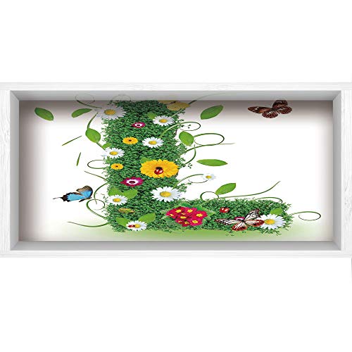 iPrint 3D Depth Illusion Vinyl Wall Decal Sticker,47.2"x23.6",Letter L,Alphabet Capital L Design Daisies Wildflowers Other Plant Life Animal Fun,Green Multicolor,White Wood Frame Style Home Decor Art