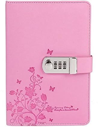 PU Notebook with Lock, ABBER PU Leather Journal Password Diary with Combination Lock Stationery Student Handbook Notepad (Pink)