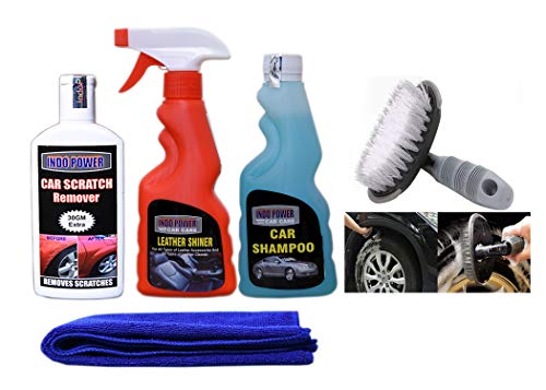 INDOPOWER KG1067-LEATHER Shiner Spray 250ml+CAR Shampoo 250ml+1PC CAR Microfiber Cloth + Scratch Remover 100gm.+All Tyre Cleaning Brush