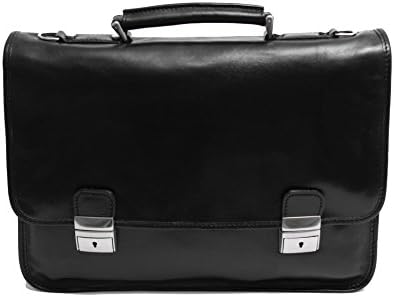 Alberto Bellucci Milano Mens Italian Leather Rimini Flapover Double Compartment 17" Laptop Messenger Briefcase - Black