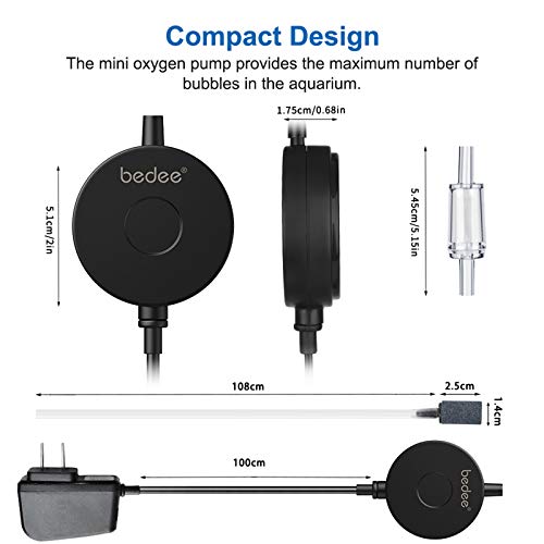 bedee Aquarium Air Pump, Quiet Fish Tank Air Pump, Small Oxygen Pump for Fish Tank 1-15 Gallon with Air Stone Check Valve Silicone Tube, 1W