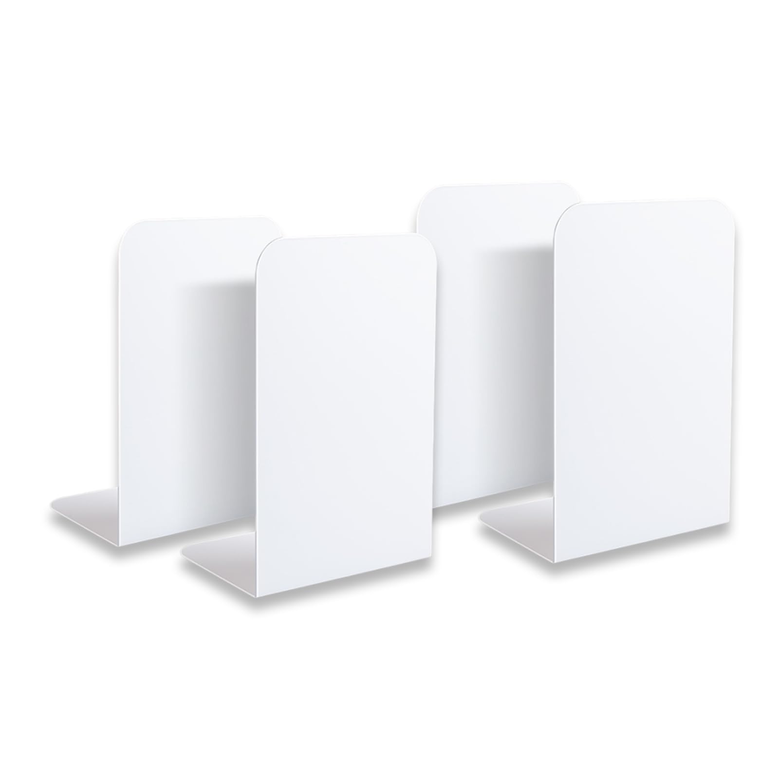 Quixotical 4 pcs Metal Bookends, Heavy Duty Book Ends for Shelves, Non-Slip Book Stop for Office, School, Home and Library (White)