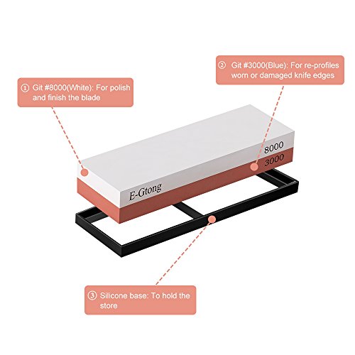 E-Gtong Premium Knife Sharpening Stone Set, 2 Side Grit 3000/8000 Waterstone with Rubber Base, Best Whetstone Sharpener Made with White Corundum for All Kinds of Knives