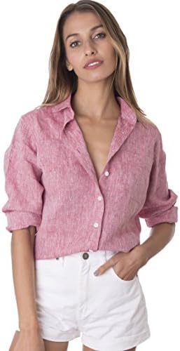 CAMIXA Women's Crushed Linen Casual Button-Down Shirt Start from The Basic L Red Melange