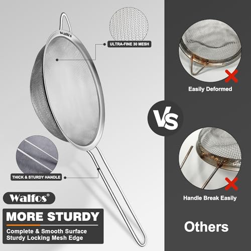 Walfos Fine Mesh Strainers Set, Premium Stainless Steel Sieve and Sifter with Sturdy Handle, Metal Kitchen Strainers Perfect for for Food, Rice, Quinoa, Fruit, Tea, Flour- 3 Sizes