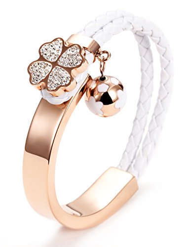 Wistic Stainless Steel Gold Plated Four Leaf Clover Braided Leather Bracelet for Women and Girls (White)