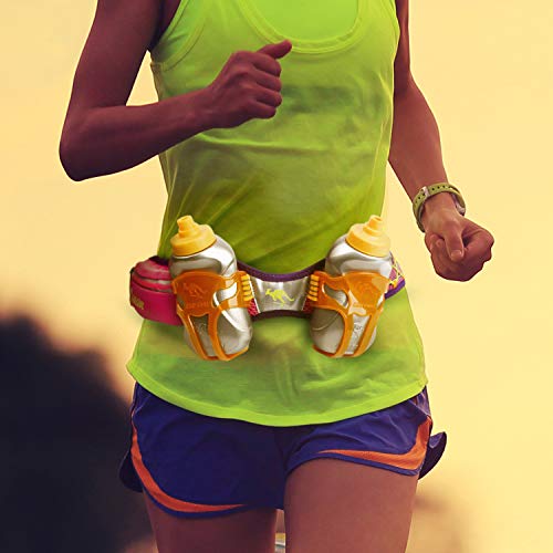 247 Viz Hydration Belt - Fits iPhone 8, X and Similar Phones - with 2 BPA Free Water Bottles and Pouch System - Running Fuel Belt & Runners Reflective Gear for High Visibility (Purple)