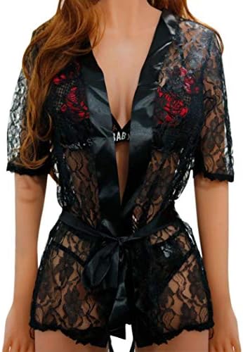 Women Sexy Lingerie,Lace Stitching Gown Belt Bath Robe Nightwear