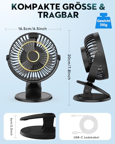 COZII Mini Fan, USB Fan Quiet Clip Fan Table Fan with LED Display, 720° Rotation & 5 Speeds, 16 cm Portable Fan for Home, Office, Pram, Outdoor