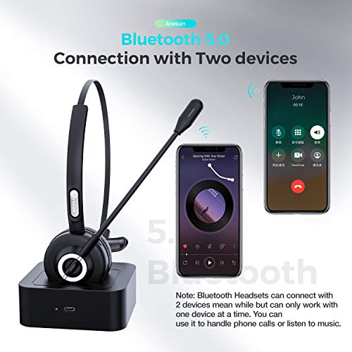 Trucker Bluetooth Headset for Cell Phones and Zoom, Aresun 24 Hrs Talk