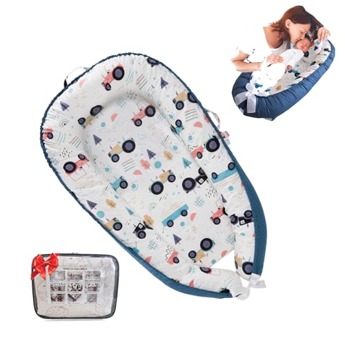 Loevin Portable Baby Nest & Gym Play Mat, Baby Lounger for Newborns & Infant Floor Cushion, Diaper Changing Pads for Boys & Girls 0-12 Months(Blue Edged Tractor)