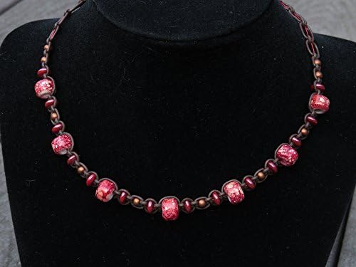 Vintage style Bohemian 15" CHOKER NECKLACE - ruby red Czech glass, red marbled ceramic beads, leather &amp; red wire micro-macrame