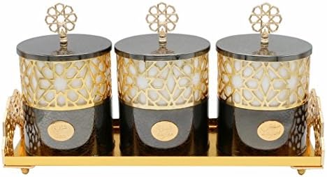 Elegant Ottoman Style Storage Containers Set of 3 Ceramic and Metal with Stand