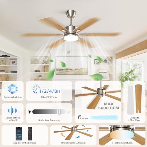 EppieBasic Ventilateur Plafond avec Lumiere Salon: 132 cm Ventilateur Plafond Moteur DC Silencieux avec Télécommande/Appli – 6 Vitesses, Design Moderne, 6 Pales Aspect Bois pour Chambre