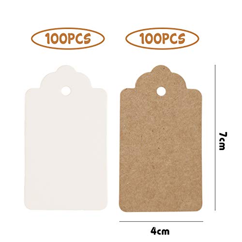 SallyFashion Paper Gift Tags, 100 PCS White Gift Tags 100 PCS Brown Gift Tags with String for DIY Arts and Crafts Christmas DIY Kraft Gift Tags