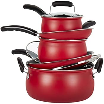 Basic Essentials Non-Stick Carbon Steel Cookware Collection- 8 Piece Red Carbon Steel Cookware Set
