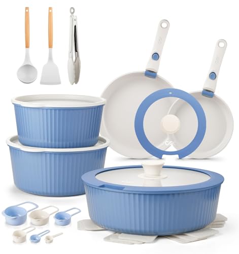 KOCH SYSTEME CS 19 Piece Non stick Ceramic Cookware Set, Pots and Pans Set with Detachable Handle, Induction Kitchen Cookware Sets, Cooking Pan Set with Removable Handle, RV Cookware Set, Blue
