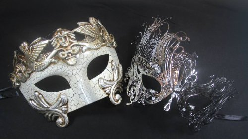 Masquerade Couples Venetian Impression Elegantly Design Masks - 2 Piece Silver Colored Set