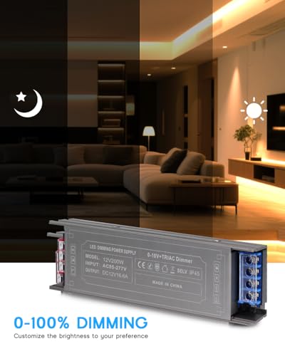 VOEWT Dimmable LED Driver,200 Watts Power Supply 85V-277V AC to 24V DC Converter,Quiet and Small Transformer Low Voltage Output for Strip Light