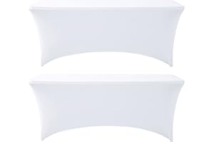Jieqier White Spandex Table Cover 6 FT 2 Pack, Stretch Tablecloths for Standard Folding Tables, Universal Rectangular Fitted Table Cloths for Wedding, Banquet, Party and Events