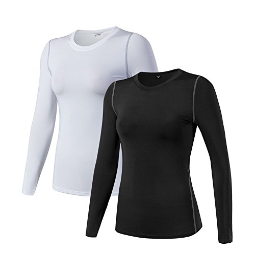 Women's Compression Shirt Dry Fit Long Sleeve Running Athletic T-Shirt Workout Tops (M, 2 Pack(Black+White))