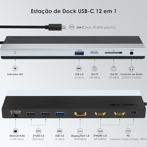 WAVLINK Estação de ancoragem USB C 3 monitores, estação de acoplamento com dual HDMI DP 100 W PD, USB3.0 e 2.0, RJ45, slots SD/TF, áudio/microfone, compatível apenas com computador Windows