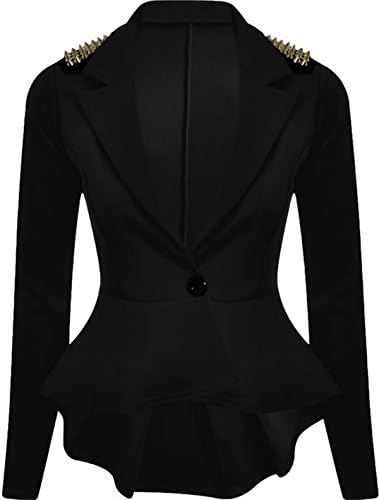 FashionMark Womens Spikes Studded Crop Peplum Frill Button Blazer Jacket Coat