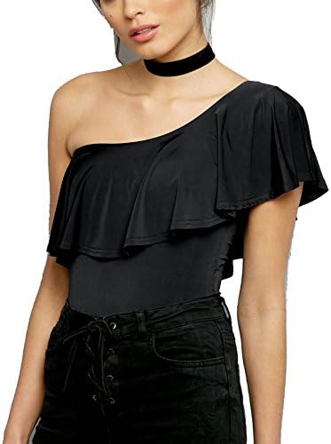 Cecilia Pink Women's Off the Shoulder Frill Trim Bodysuit (S, Black)