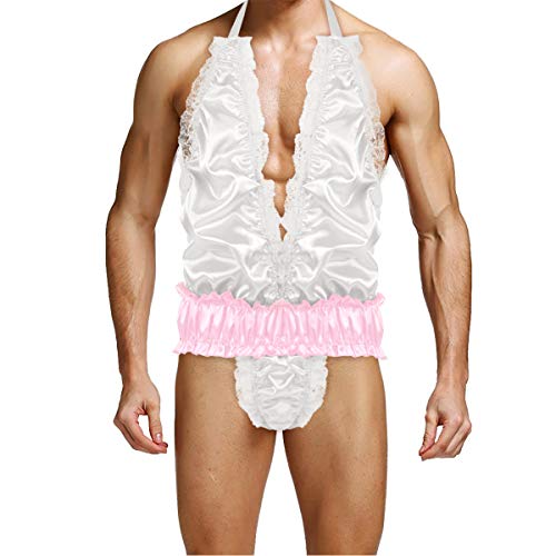 Alvivi Men's Shiny Satin Halterneck Bodysuit Lingerie Suits High Cut Crotchless Thongs Teddies