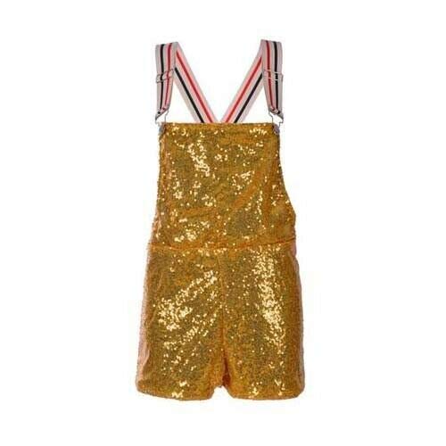Sequin Womens Dungaree Hotpants Shiny Party Costume Festival Clubwear Dance (Gold)