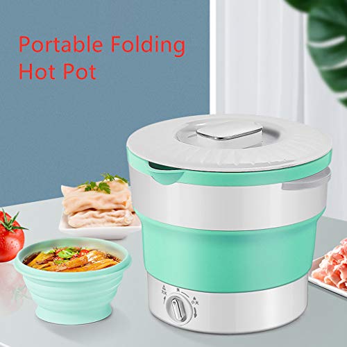 Portable Folding Electric Hot Pot, 4-in-1 Multifunction Electric Cooker Skillet Wok for Cook Rice Fried Stew Soup Steamed Fish Boiled Egg Non-Stick with Lid (20 x 15.6 cm, Green)