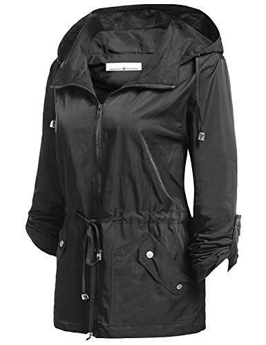 Elever Women's Detachable Hooded Drawstring Anorak Military Utility Jacket Grey L - Thumbnail 2
