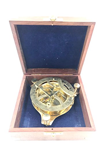 INDIA OVERSEAS TRADING CORP 4.5" Sundial Compass With Teak Wood Box Inlaid With Solid Brass