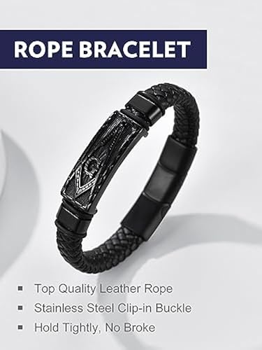 Bandmax Men Black Leather Freemason Wristband with Pendant Black