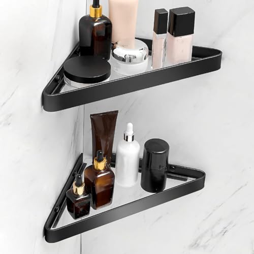 34 CM Wall Mounted Shower Shelves, 2 Tier Bathroom Caddies, Tempered Glass Floating Shelf, Black Bathroom Wall Organizer, Self-Adhesive Shower Shelf Corner