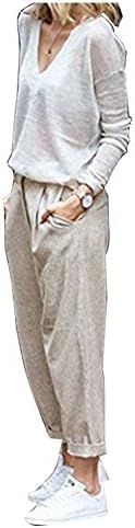 Natsuki Women Linen Cotton Ankle Pants Drawstring Elastic Waist Cropped Pants Khaki XL