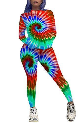 Womens Two Piece Outfit Plus Size Tracksuit Tie Dye Shirt Long Jogger Sportswear Set Activewear Red L - Thumbnail 7