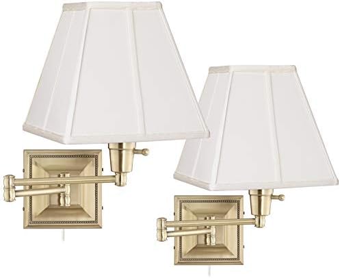 Set of 2 Brass Finish Ivory Shade Swing Arm Wall Lamps