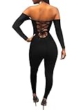TOB Women's Sexy Lace up Off Shoulder Long Sleeve Backless Club Jumpsuit Black