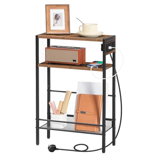 HOOBRO Narrow Side Table with Charging Station, Skinny Nightstand with USB Ports and Outlets, Slim Sofa End Table, Industrial Bedside Table with Storage Shelf, Rustic Brown and Black EBF102KBZ01