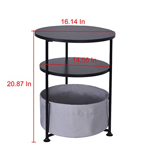 Hisoul Double/Three Layer Round Wood Side Table with Fabric Storage Basket, Multi-Purpose Small Simple Coffee Table for Home and Office (♥ Black, L-Size:16.14×20.87×16.14 Inch) - Thumbnail 6