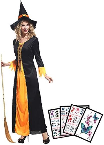 Amazon Crimson ハロウィン 魔女 コスプレ 衣装 ロングドレス タトゥシール3枚付き オレンジ コスプレ 仮装 通販