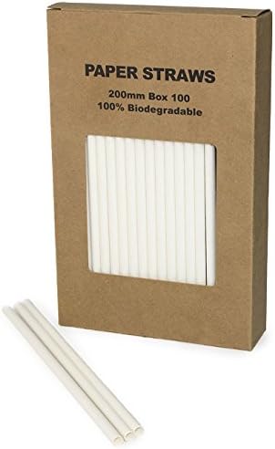 Plain White Paper Straws Bulk, Pure Solid All White Paper Drinking Straws for Wedding 1st Birthday Party Holiday Baby Bridal Shower, Mason Jar Straw, Cake Pop Sticks (White, 100)