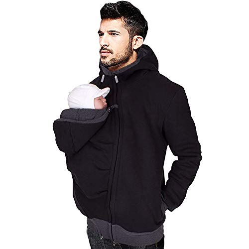 Mens Kangaroo Pouch Hoodies Pullover Clearance,[Baby Pet Carrier] Hooded Zipper Sweatshirt Coat (Black, L)