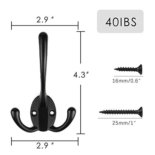 Big Heavy Duty Three Prongs Coat Hooks Wall Mounted Robe Hook with 40 Pieces Screws (Two Types of Screws Included), Retro Double Utility Rustic Hooks for Bath Kitchen Garage, Black Color, 8 Pack