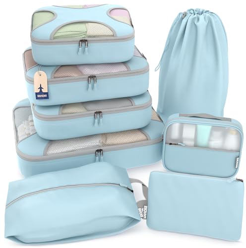 Shacke Premium 8 Packing Cubes Set - Lightweight Mesh Travel Luggage Organizers with Laundry Bag, 8-Piece Suitcase Storage System (Sky Blue)